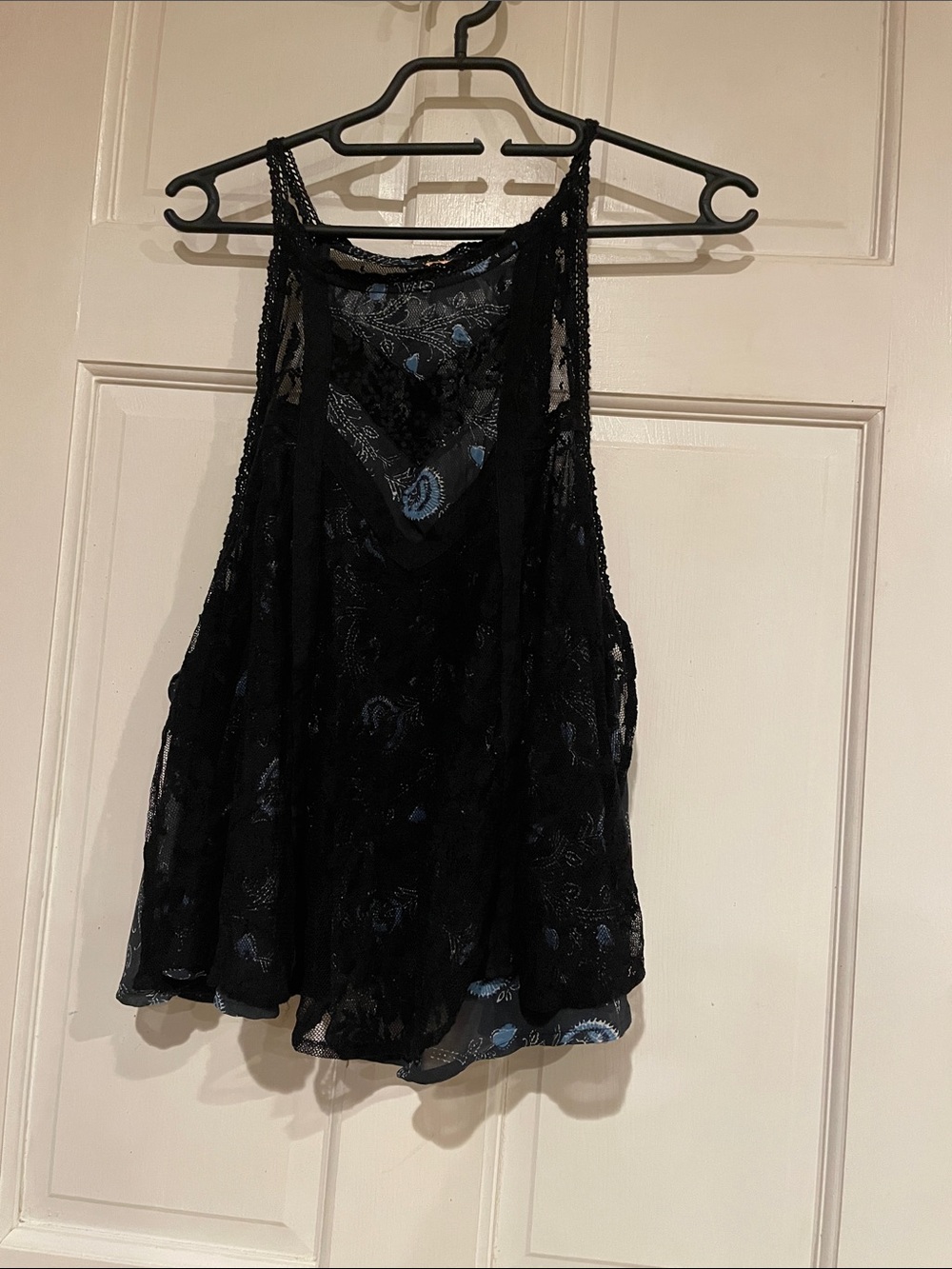 Free People Black Sheer Lace Camisole with Subtle Blue Floral Accents